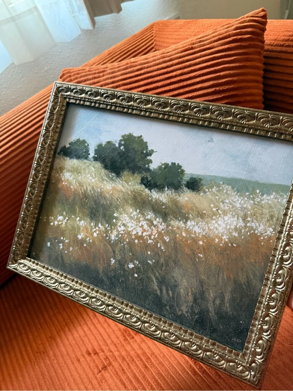 Framed Field Landscape Wall Art in Green and Gold